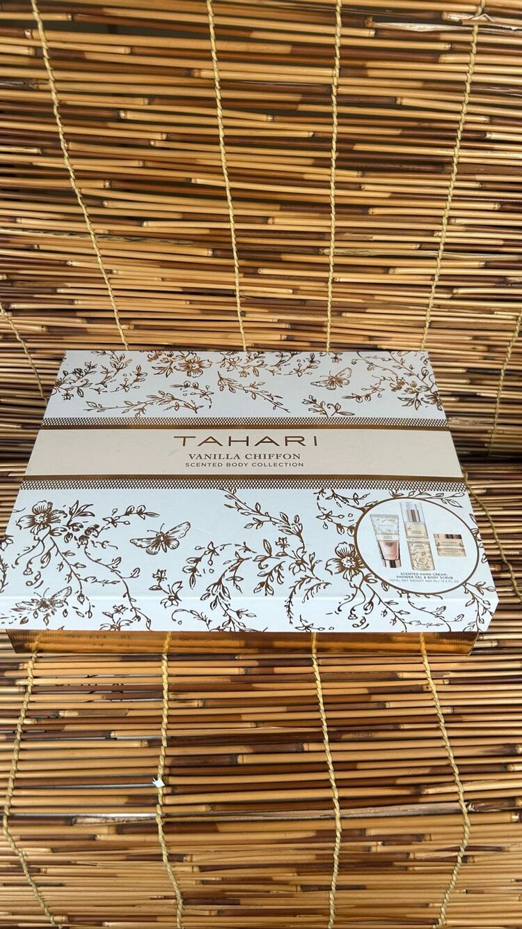 Tahari Vanilla Chiffon Hand Cream Shower Gel and Body Scrub Set New
